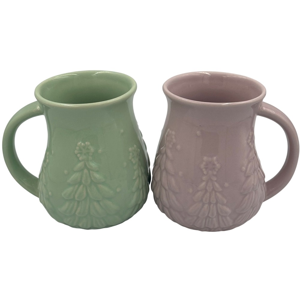 Temptations Set‎ of 2 Holiday Mugs Green Pink Christmas Tree Embossed 16 OZ